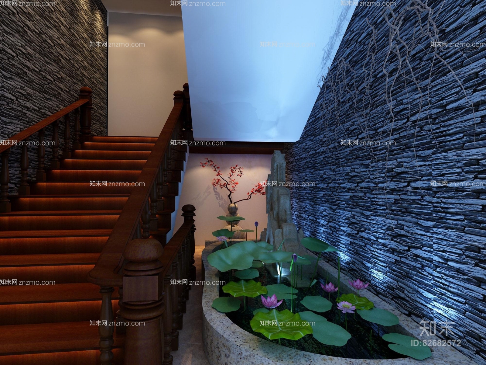 美式简约木艺楼梯3D模型下载【ID:82682572】