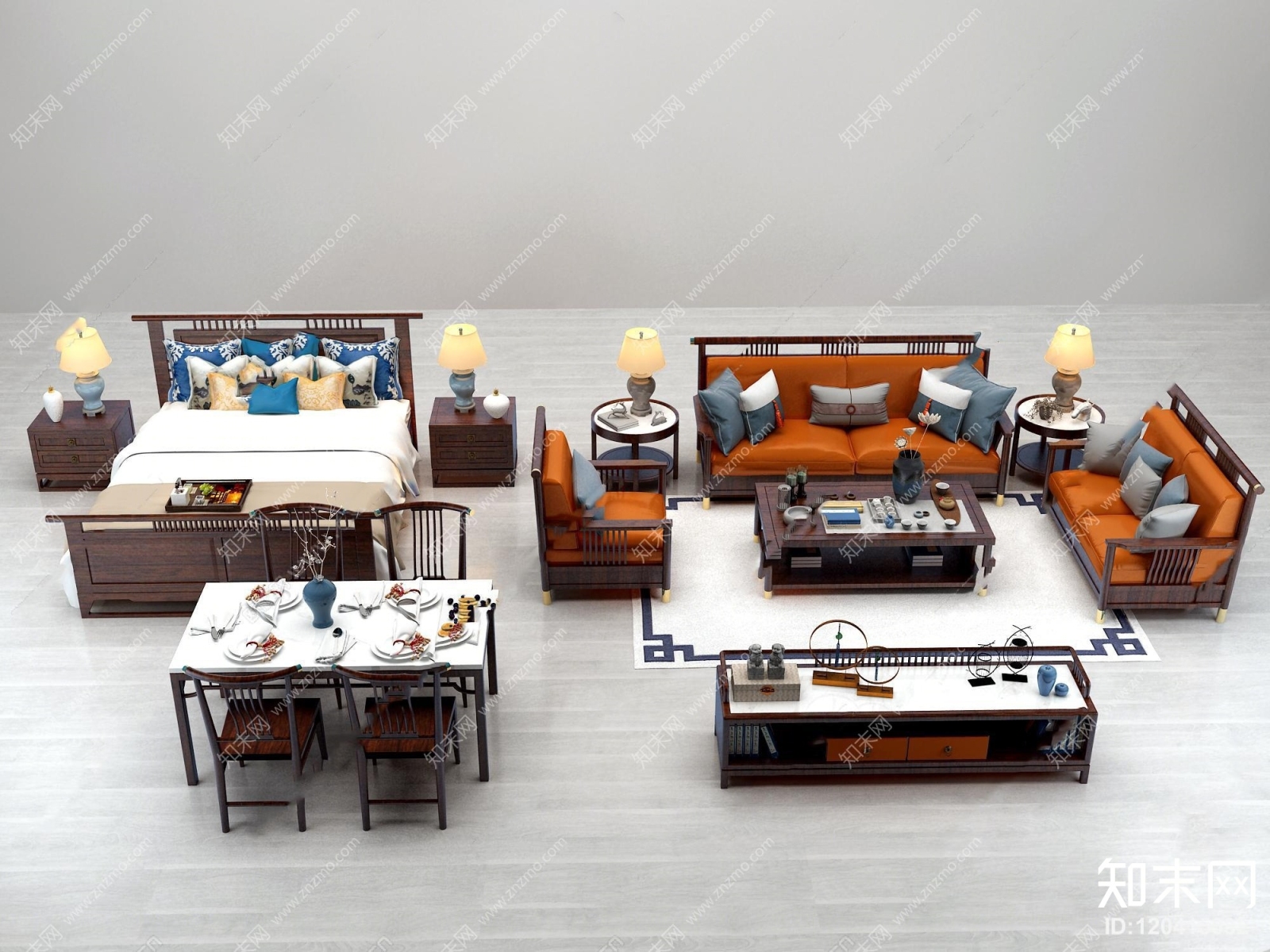中式沙发茶几电视柜餐桌椅双人床组合3D模型下载【ID:120415032】
