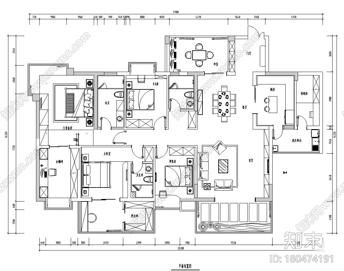 东南亚6居室大平层住宅装修施工图设计cad施工图下载【ID:180474191】