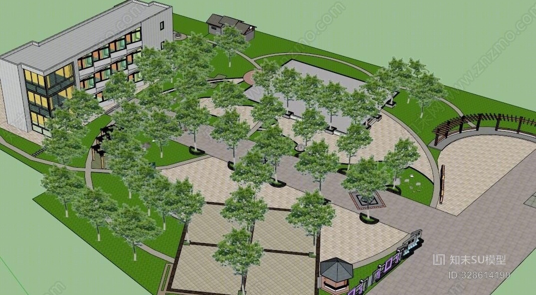 景观规划广场公园设计绿化现代艺术会所室外SU模型下载【ID:328614190】