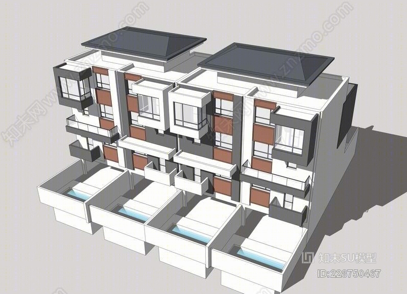 中式联排别墅SU模型下载【ID:228750467】