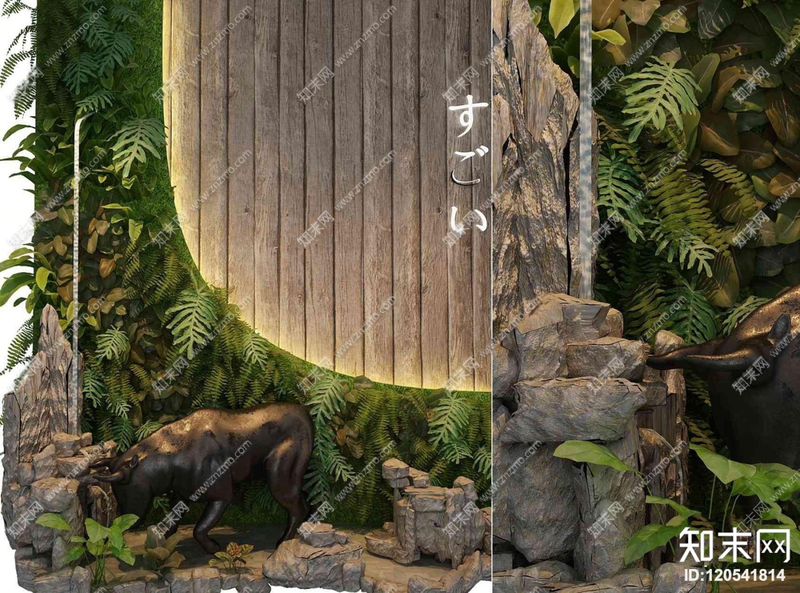 日式景观假山石头水池植物墙3D模型下载【ID:120541814】