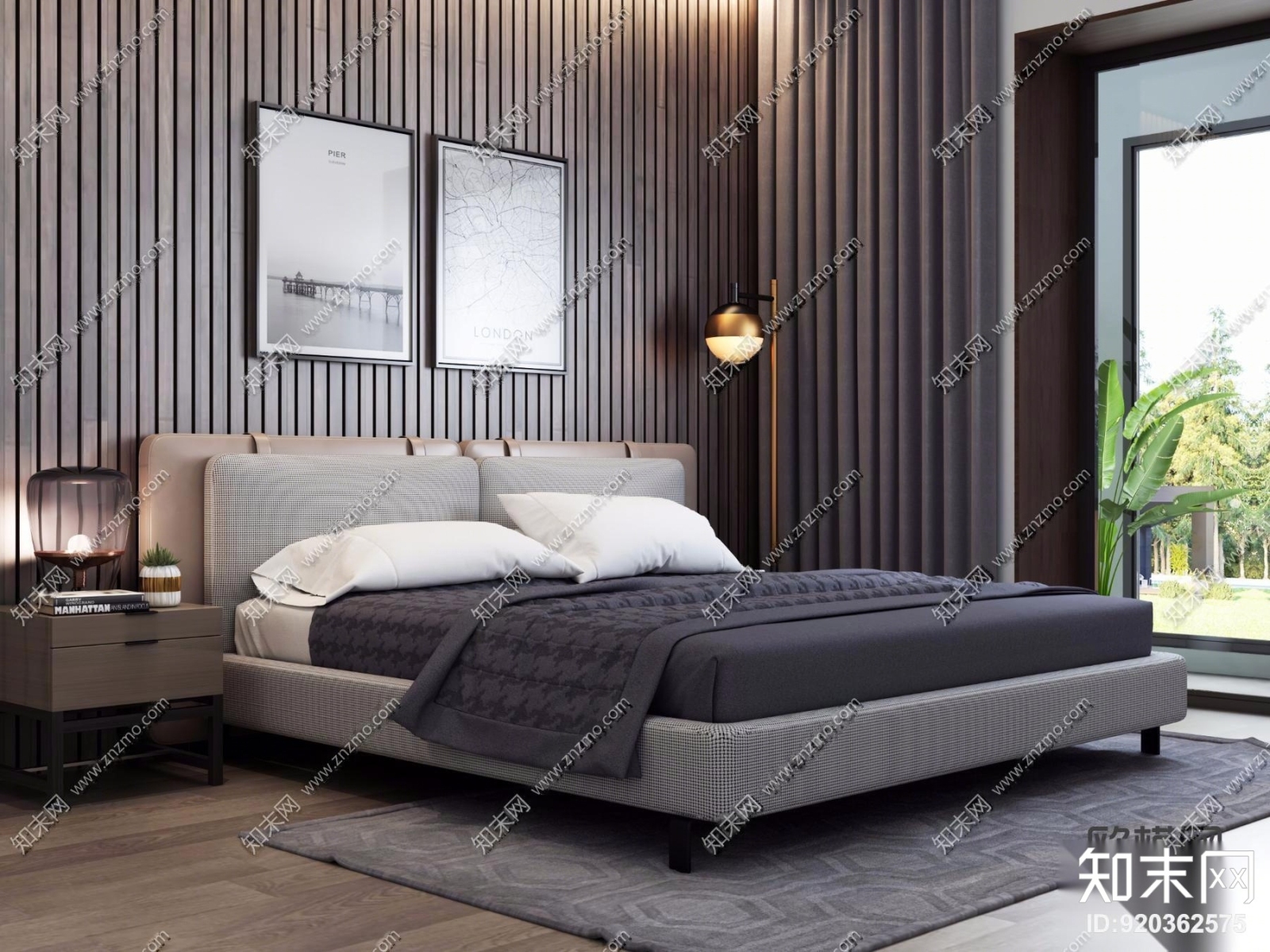 现代卧室双人床床头背景落地灯装饰画3D模型下载【ID:920362575】