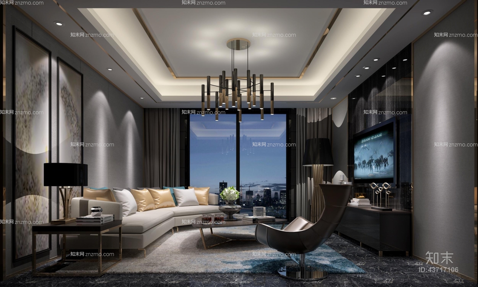现代皮质椅子茶几组合3D模型下载【ID:43717106】