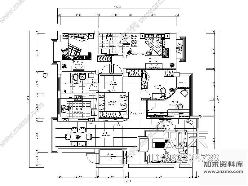 图块/节点三室二厅平面布置图cad施工图下载【ID:832234739】