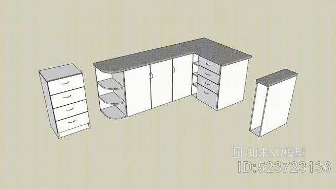 厨房橱柜（厨房柜、3片）SU模型下载【ID:523723136】