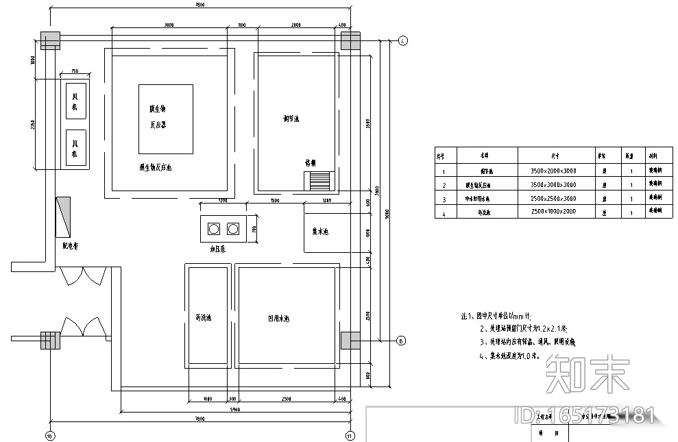 办公楼中水回用水处理施工图（膜生物反应）cad施工图下载【ID:165173181】