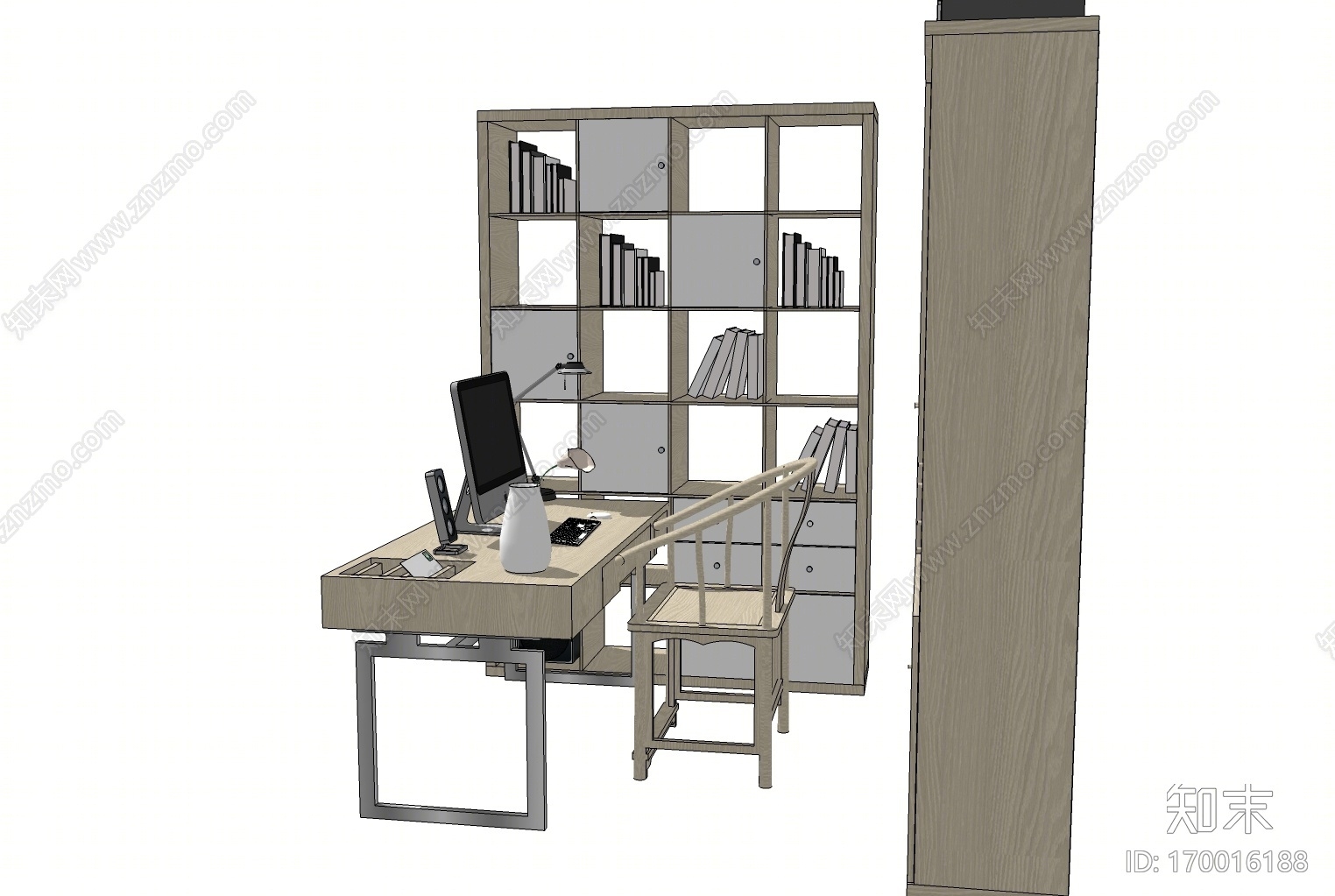 新中式实木书桌椅书柜SU模型下载【ID:170016188】