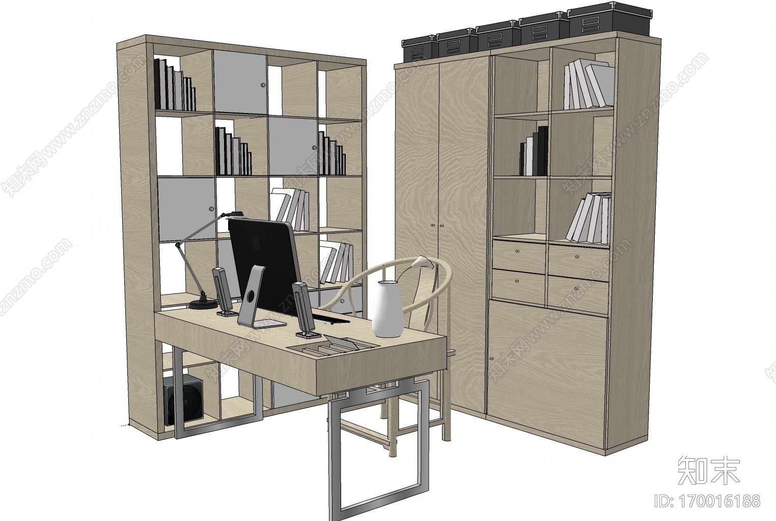 新中式实木书桌椅书柜SU模型下载【ID:170016188】