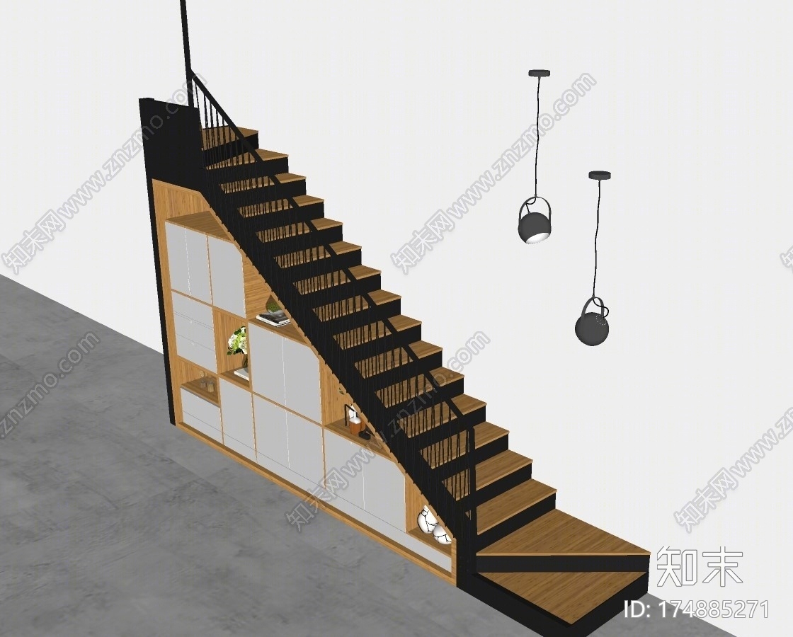北欧实木装饰柜楼梯SU模型下载【ID:174885271】