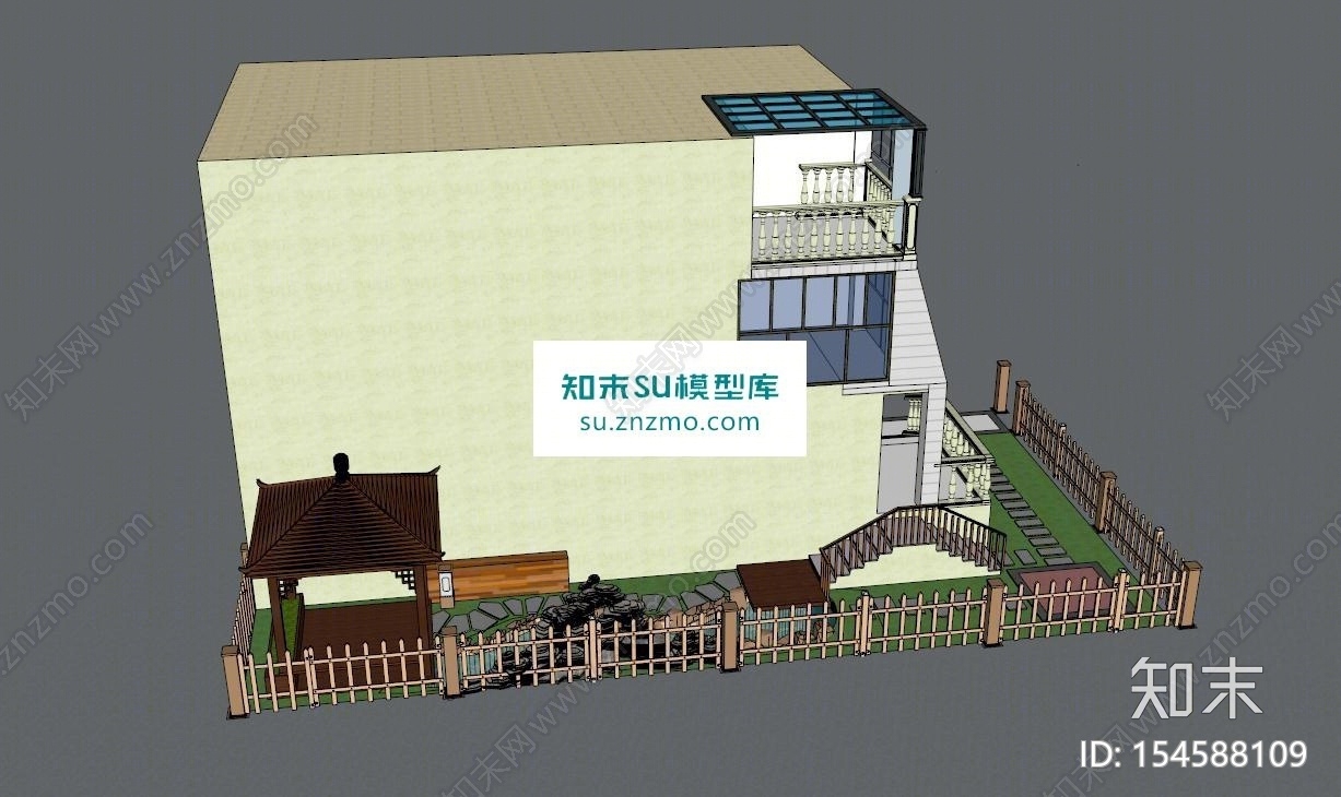 现代别墅庭院假山水池SU模型下载【ID:154588109】