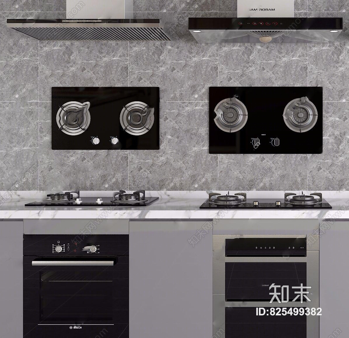 现代油烟机燃气灶消毒柜组合3D模型下载【ID:825499382】