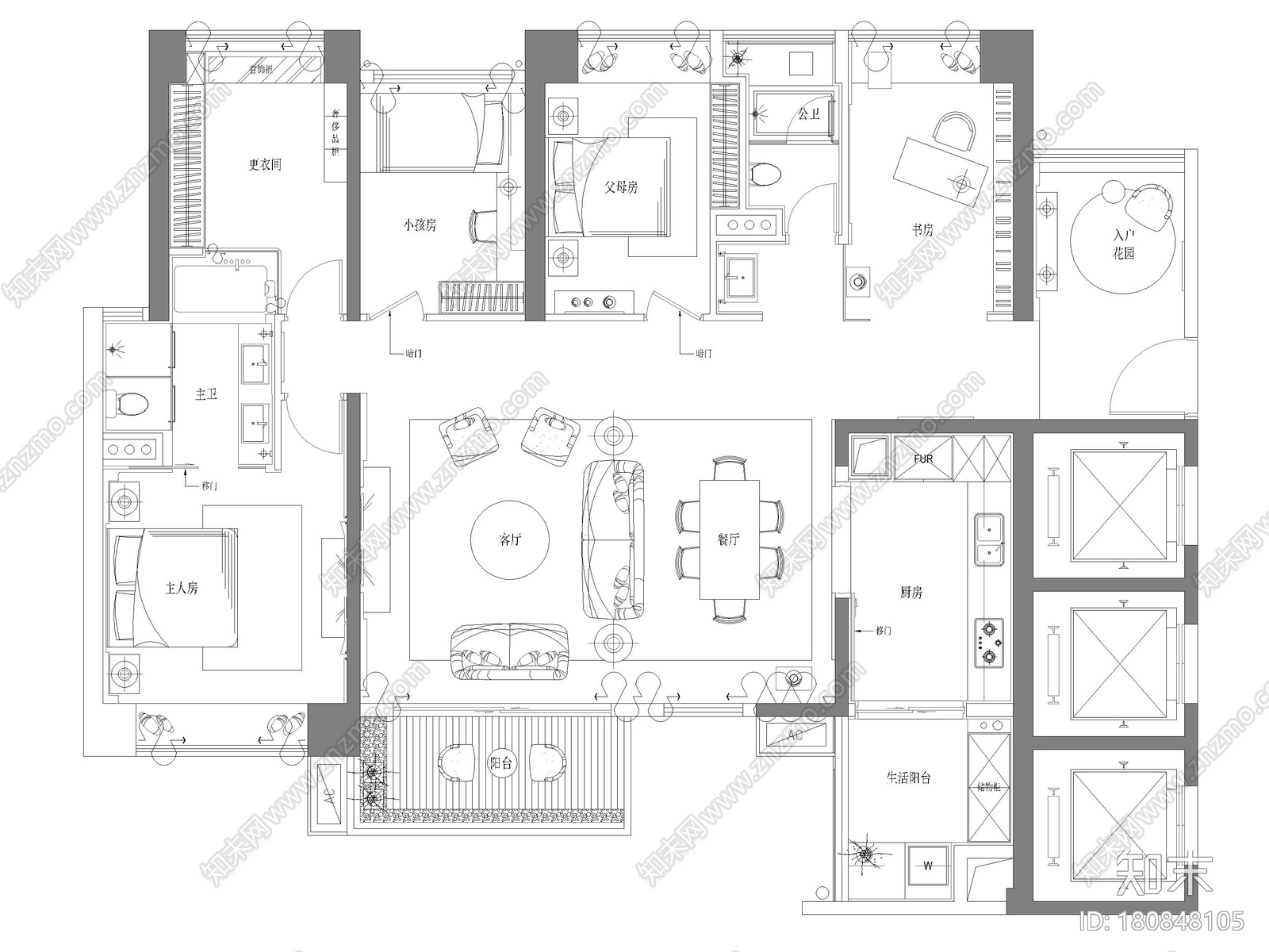 [深圳]中心157㎡现代三居室家装cad施工图下载【ID:180848105】