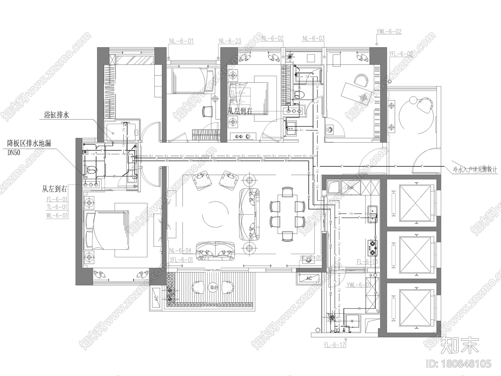 [深圳]中心157㎡现代三居室家装cad施工图下载【ID:180848105】