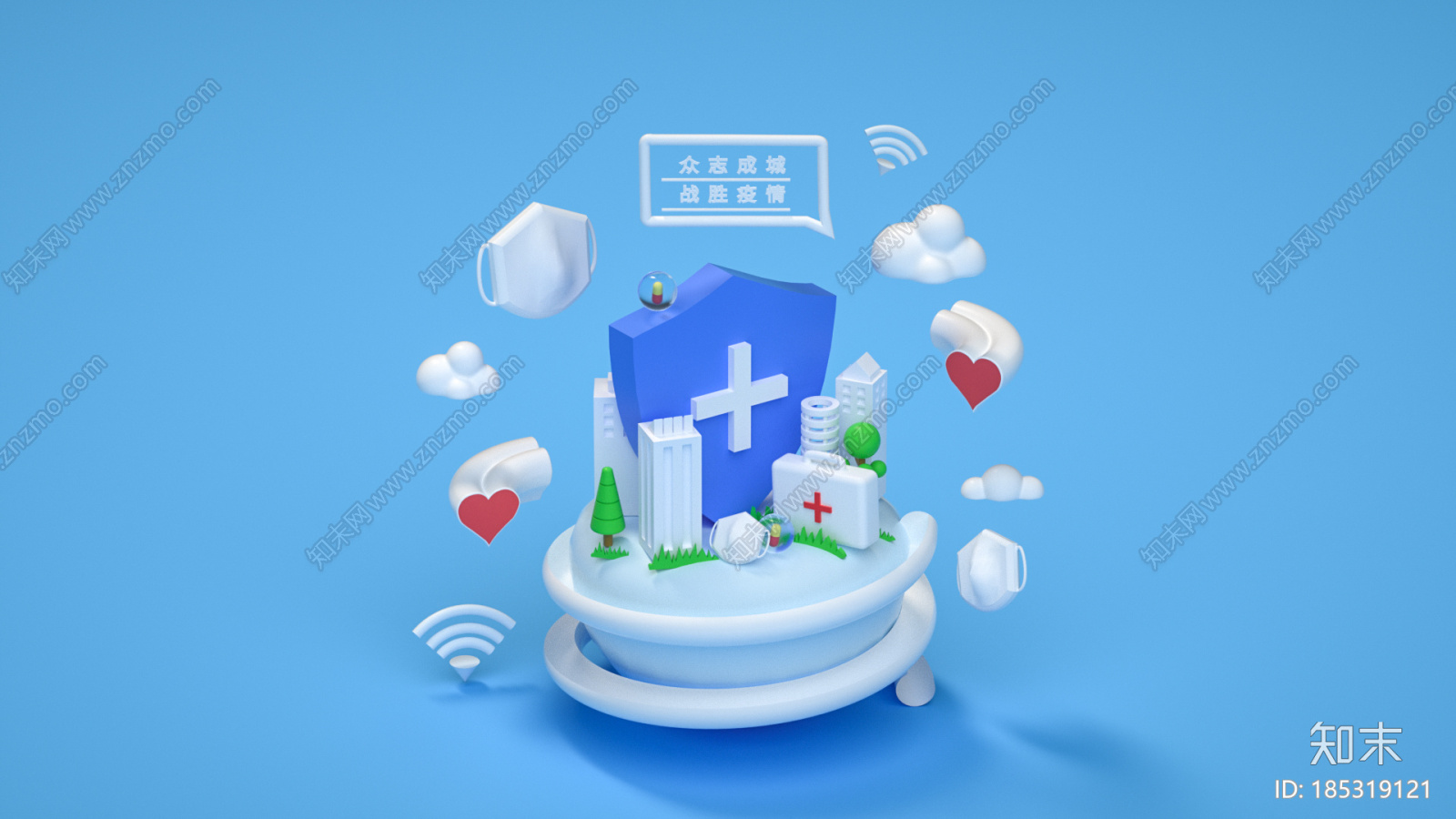 蓝色白色抗疫祈福医院商场C4D场景CG模型下载【ID:185319121】