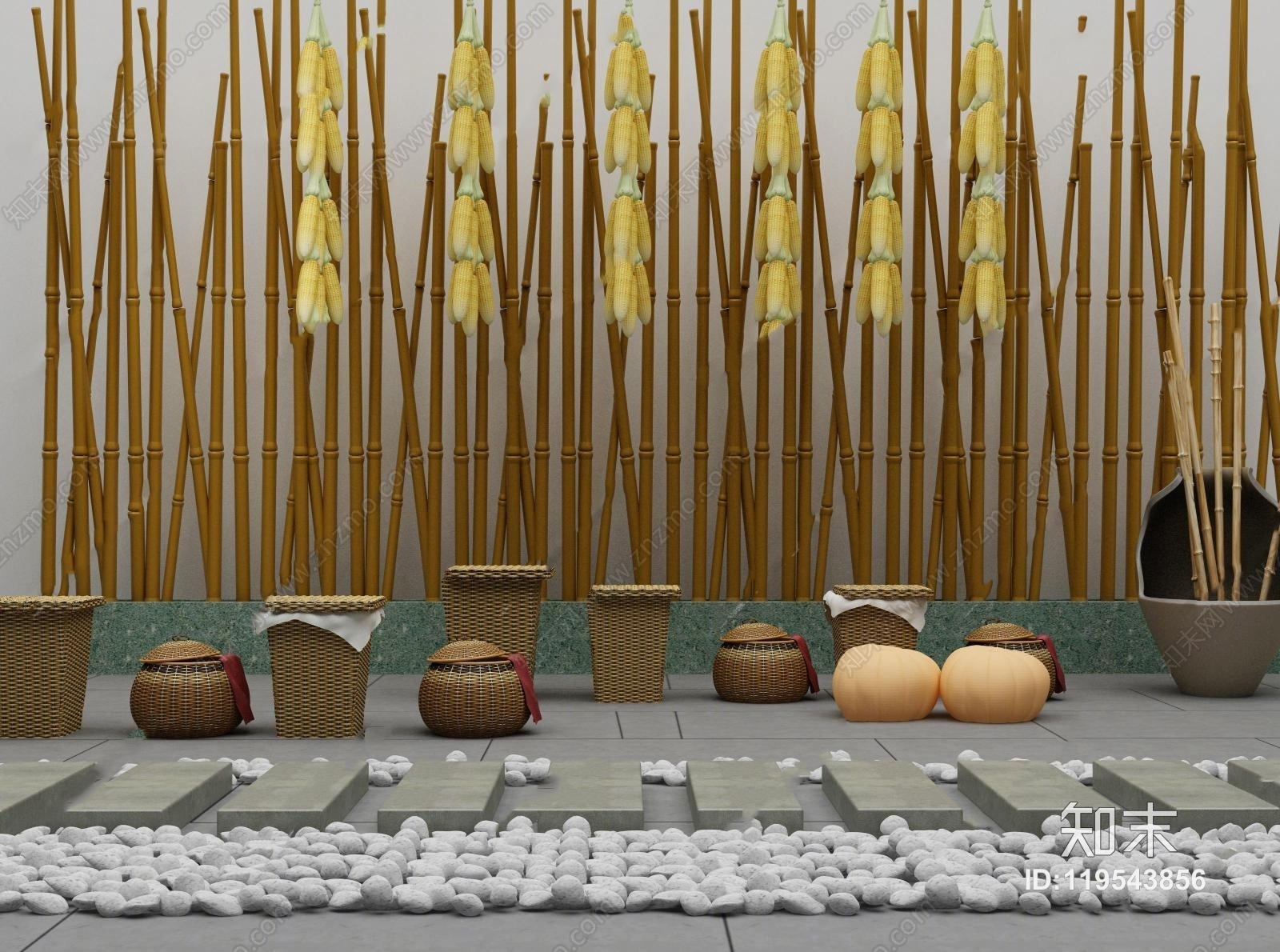 现代藤编筐玉米鹅卵石竹子景观小品3D模型下载【ID:119543856】
