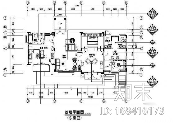 C1型别墅装修（东南亚)cad施工图下载【ID:168416173】