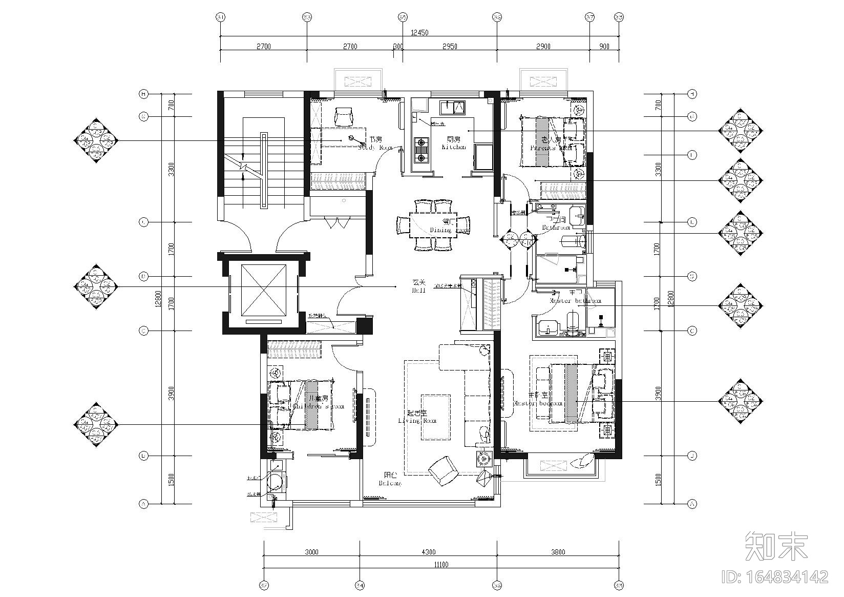 [济南]109㎡现代三居室精装样板间施工图cad施工图下载【ID:164834142】