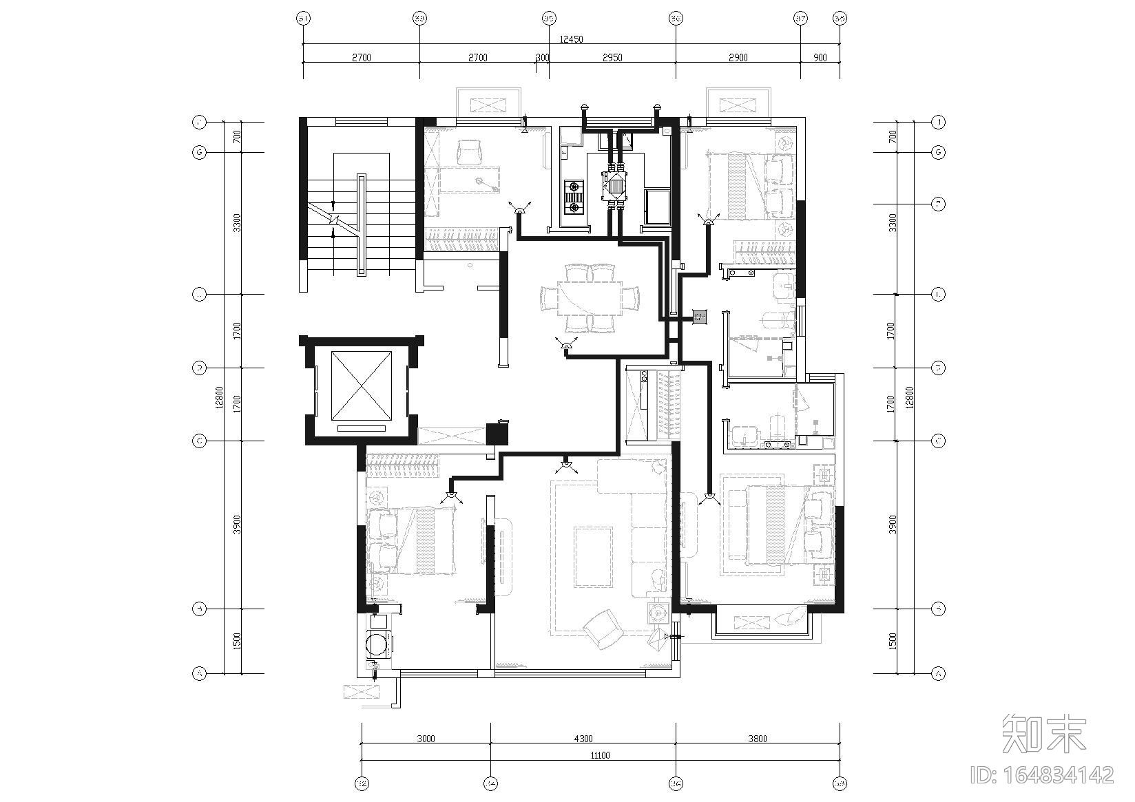 [济南]109㎡现代三居室精装样板间施工图cad施工图下载【ID:164834142】