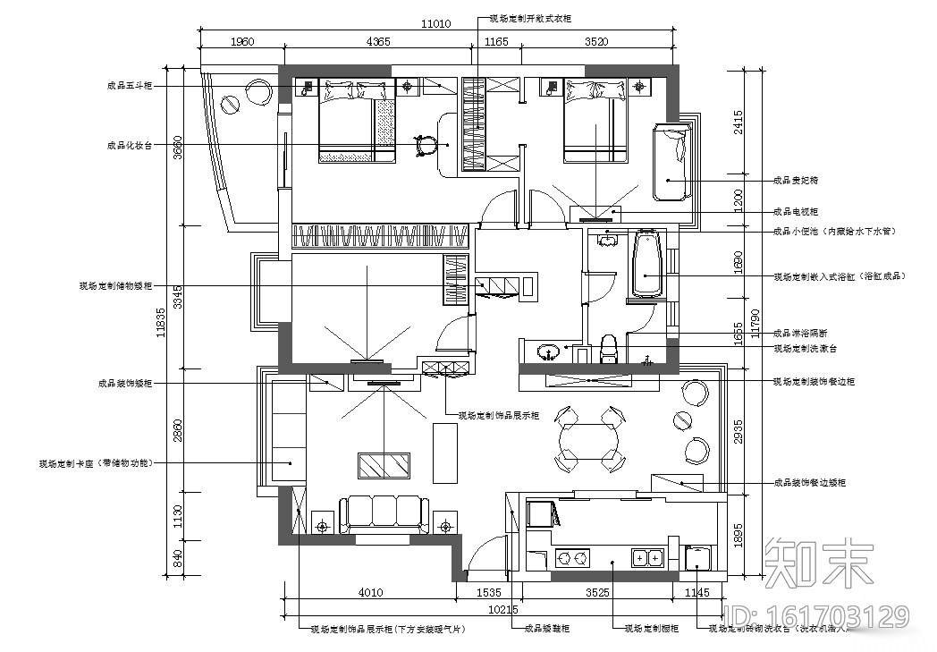 某中式风格三居室住宅室内设计施工图（含效果图）施工图下载【ID:161703129】