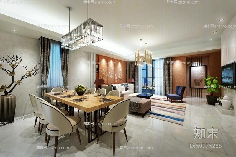 现代黄色木艺吊灯3D模型下载【ID:50775288】
