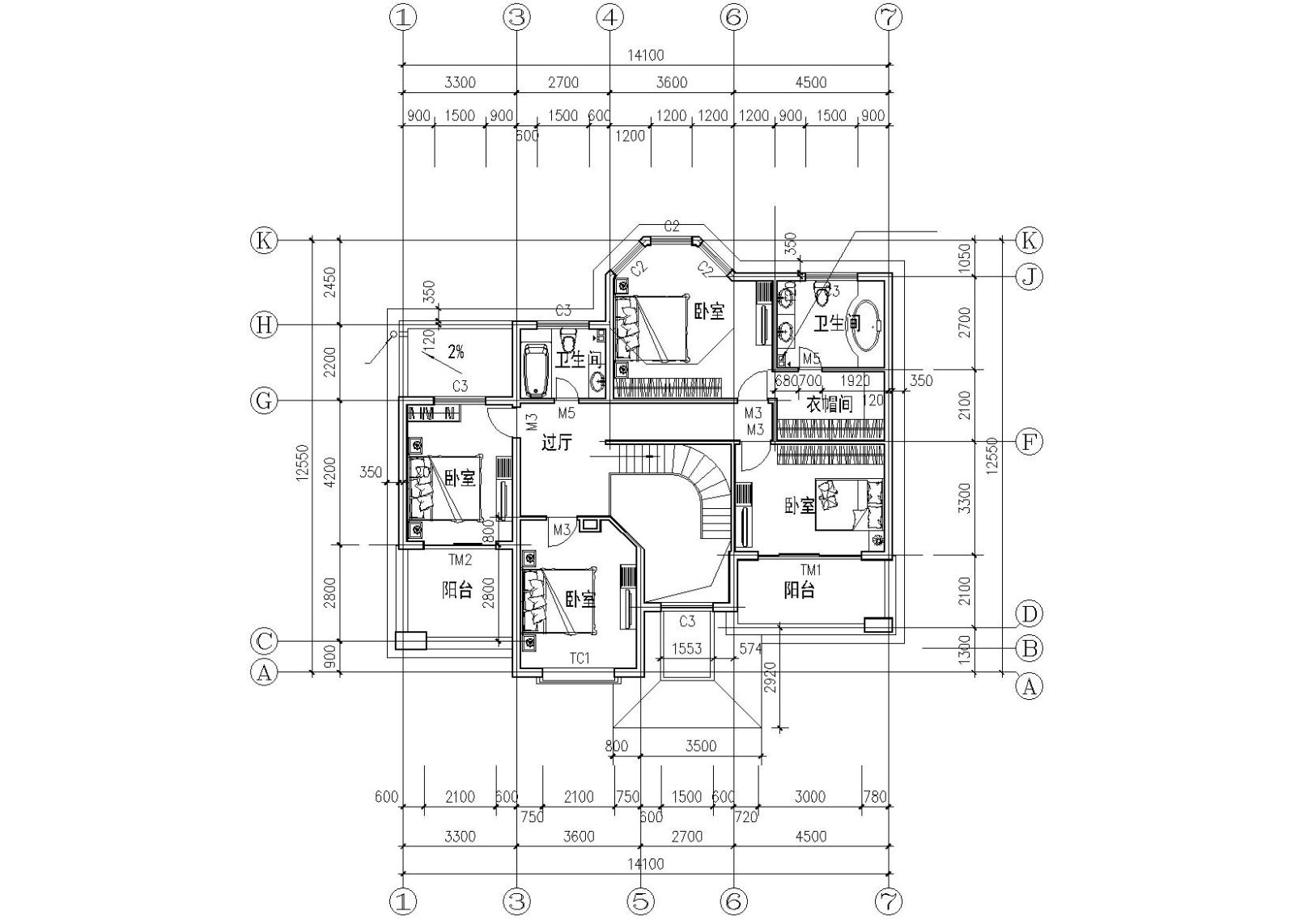 框架结构二层别墅全套施工图（CAD）cad施工图下载【ID:149888182】