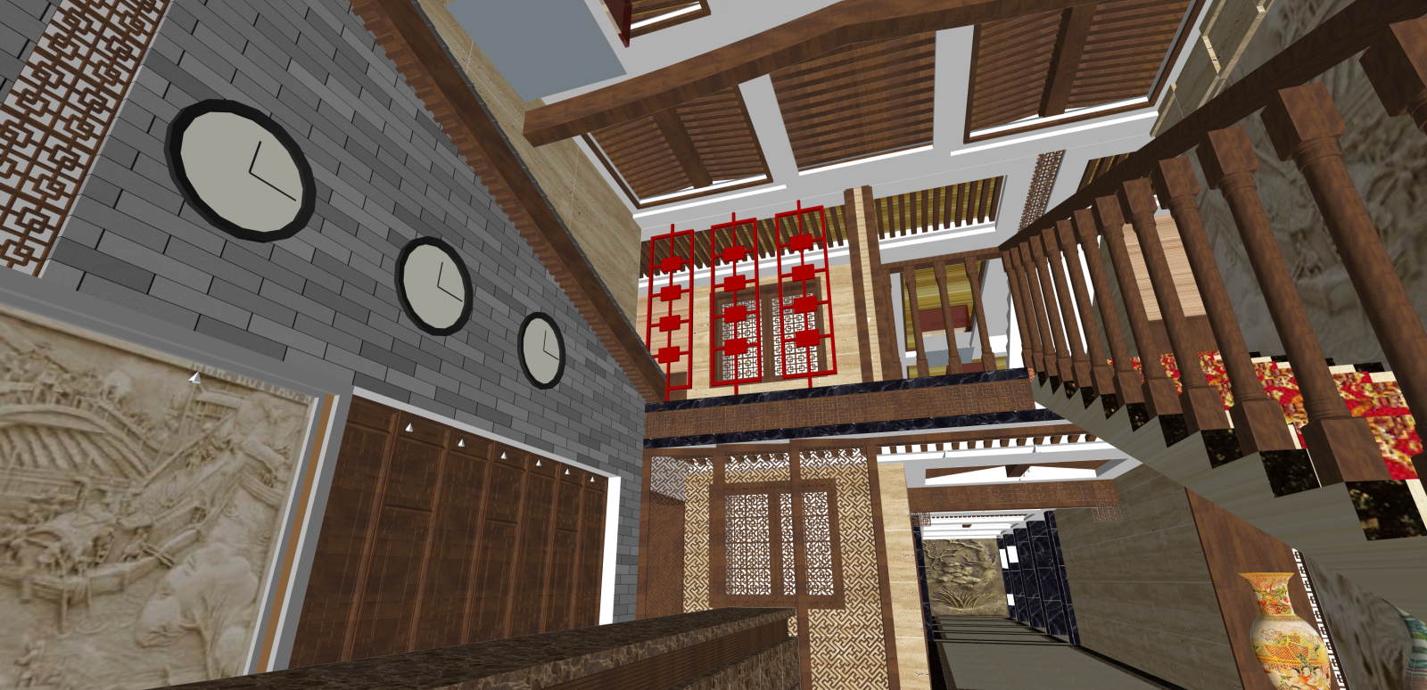 中式酒店大堂SU模型下载【ID:1215947679】