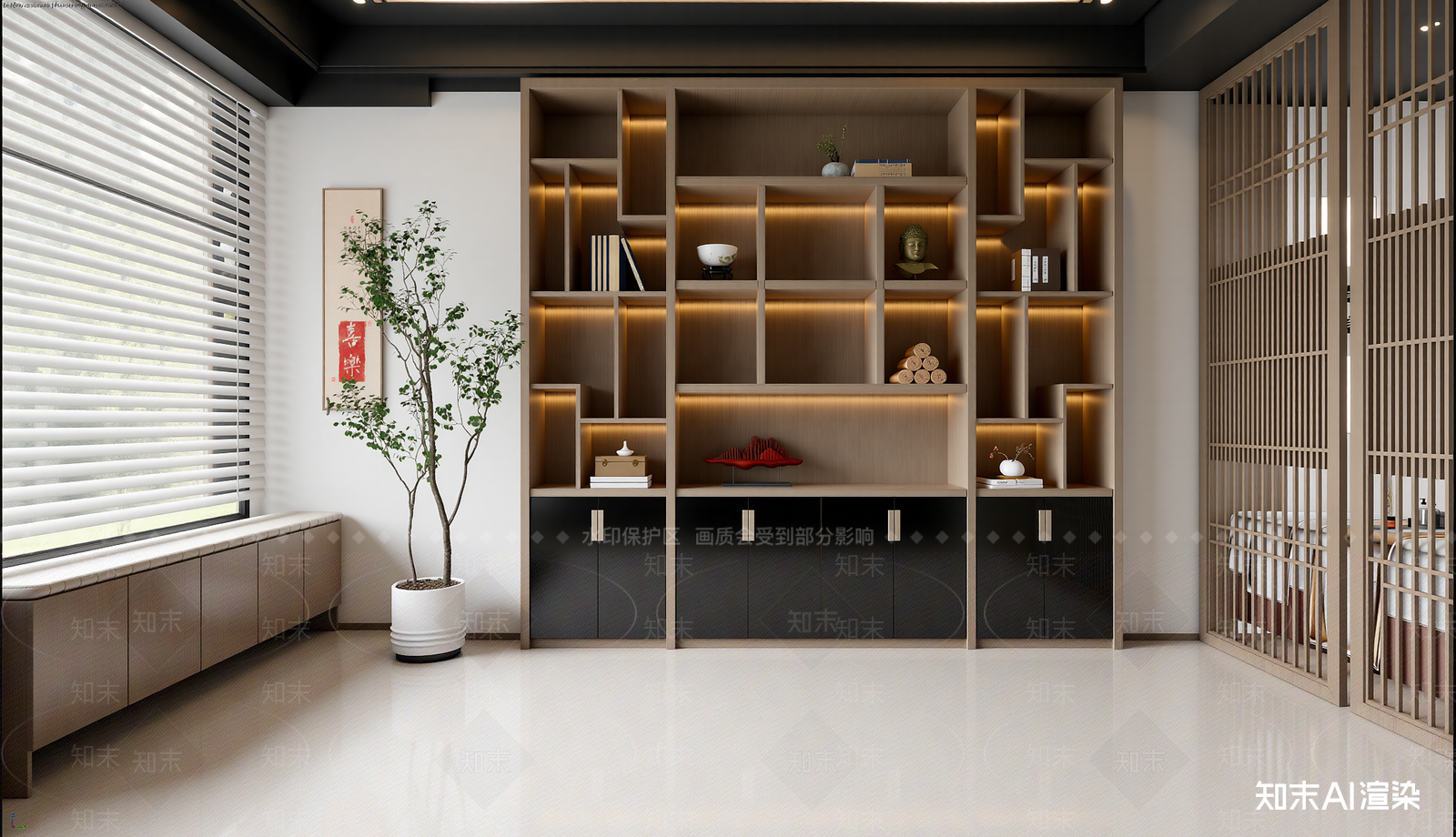 新中式佛堂3D模型渲染效果图