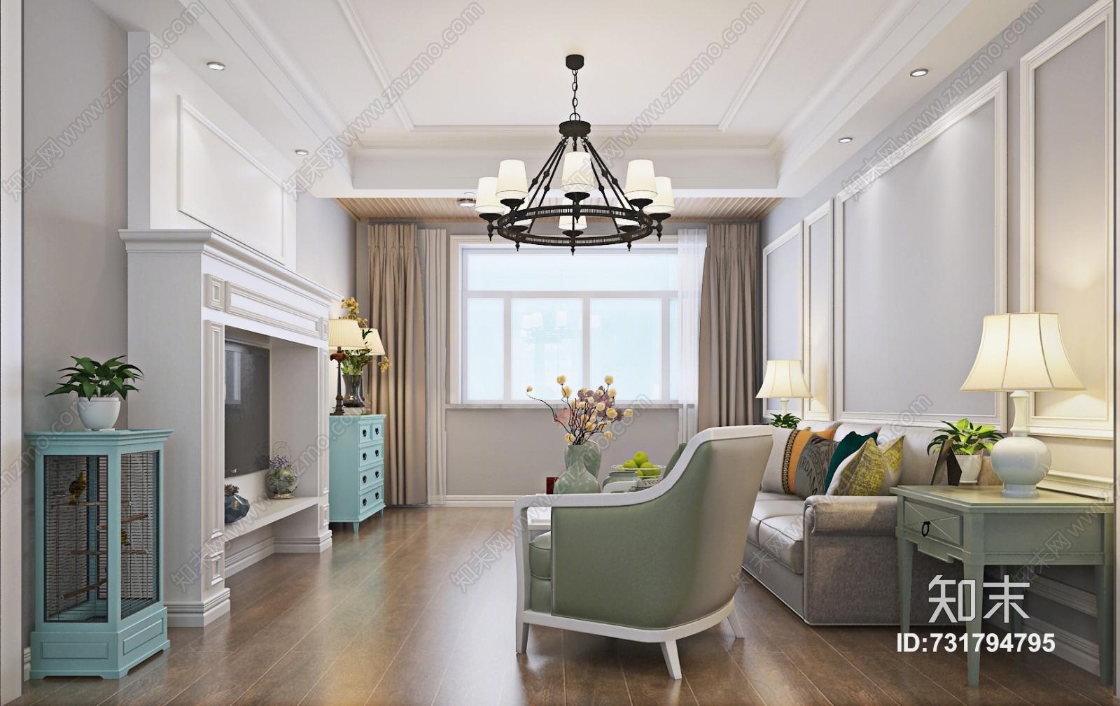 美式客厅餐厅沙发餐桌冰箱吊灯3D模型下载【ID:731794795】