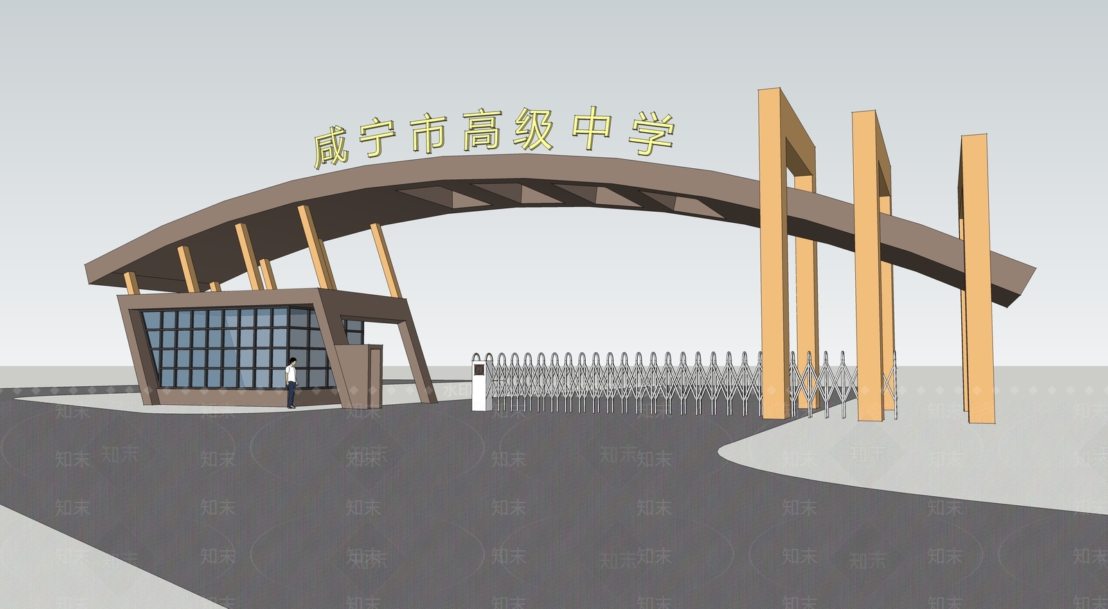 高中校门三方案效果图SU模型SU模型下载【ID:835085289】_知末su模型网