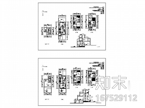 某三层坡地联排别墅户型图（含半地下室）施工图下载【ID:167529112】