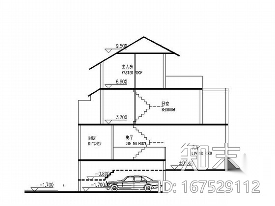 某三层坡地联排别墅户型图（含半地下室）施工图下载【ID:167529112】