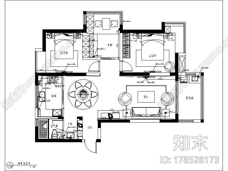 [扬州]高档小区简约温馨2居室室内设计CAD施工图（含效果图）施工图下载【ID:178528173】