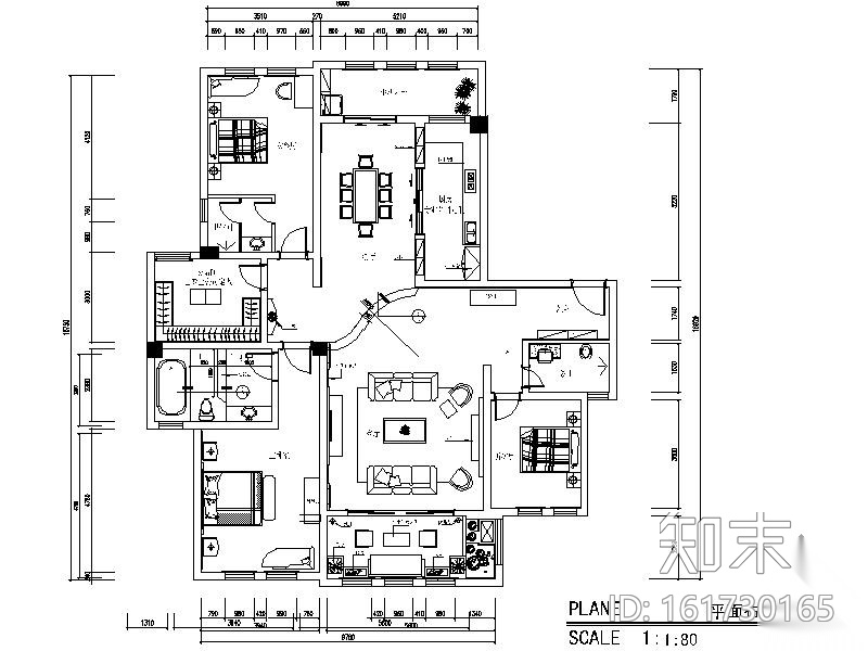 简欧三居室装修图cad施工图下载【ID:161730165】