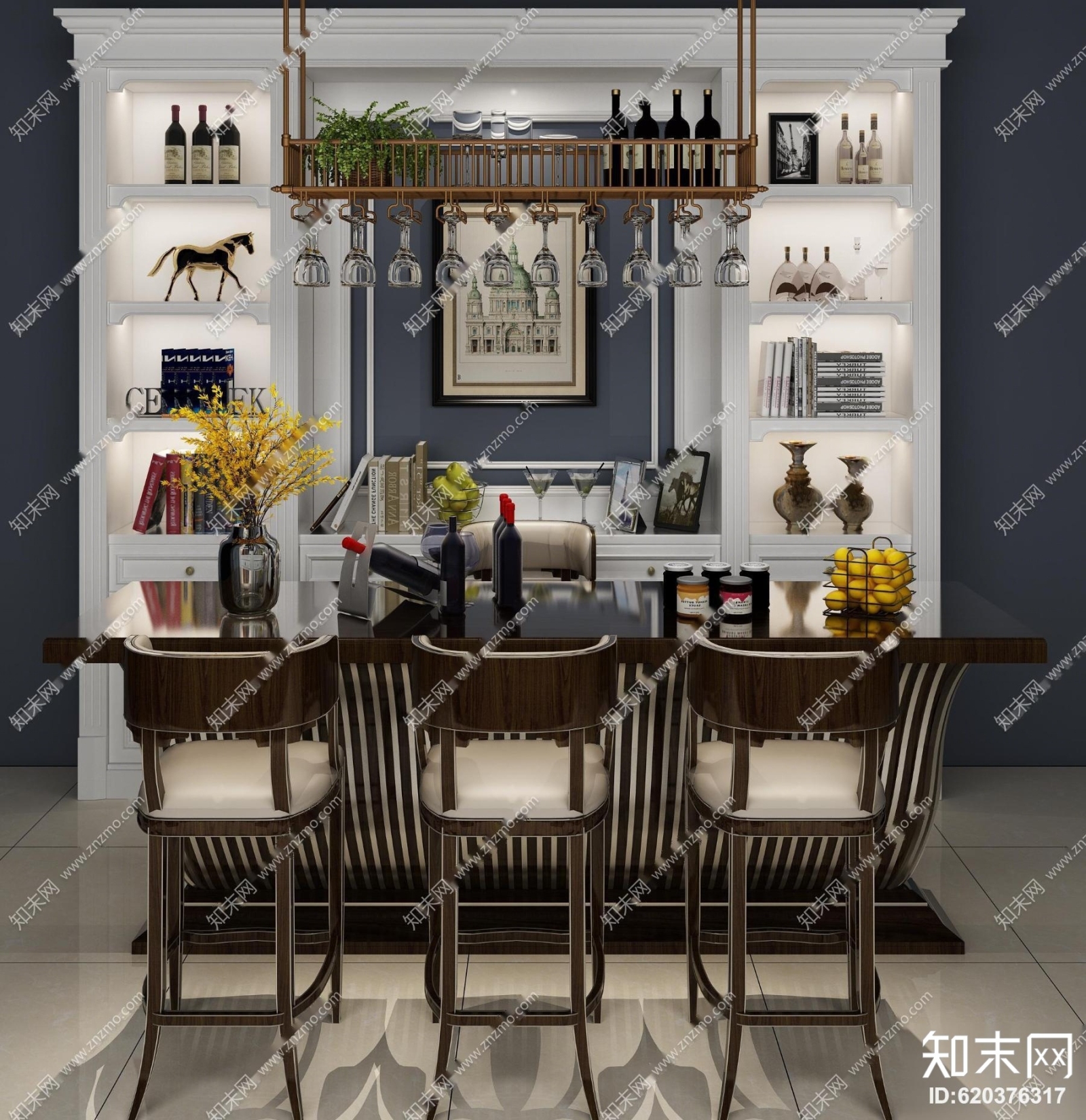 简欧吧台椅酒柜摆件组合3D模型下载【ID:620376317】