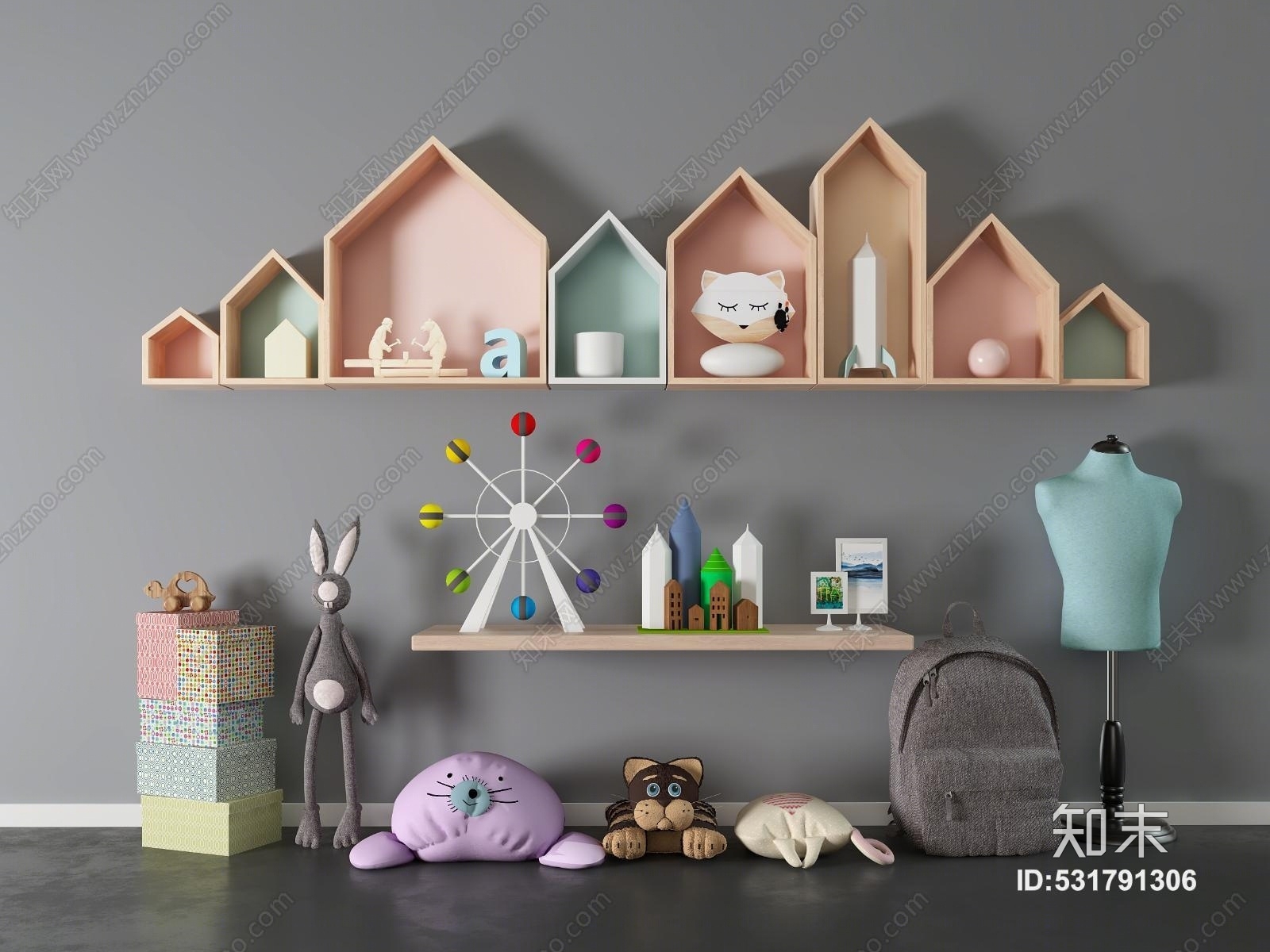 现代儿童玩具毛绒玩偶书包3D模型下载【ID:531791306】