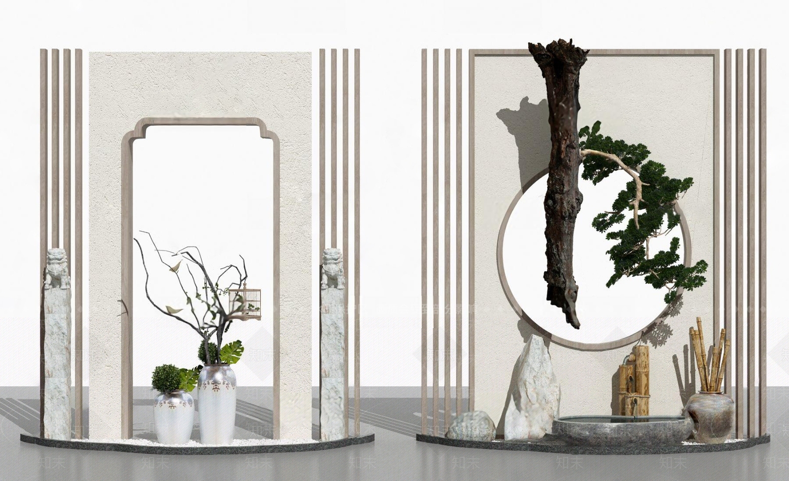 新中式假山石头绿植小品3D模型下载【ID:1109009030】