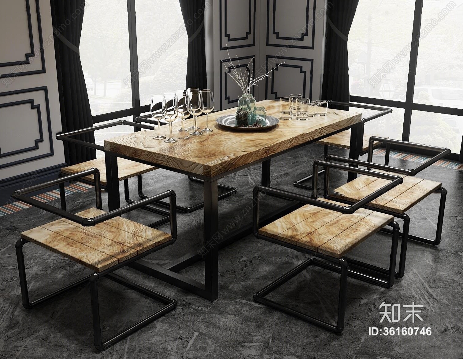 loft工业风复古实木餐桌水管椅餐具组合3D模型下载【ID:36160746】