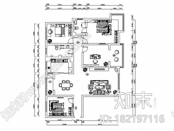 曲柳木饰面四居装修图（含效果）cad施工图下载【ID:182197116】