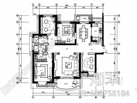 [河南]法式风格四居室样板房装修图（含效果）cad施工图下载【ID:180756184】