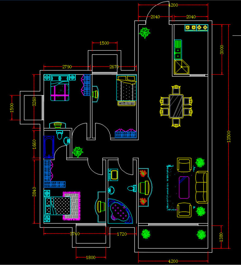 免費cad室內佈局平面戶型設計圖三室一廳施工圖下載【id:149747146】