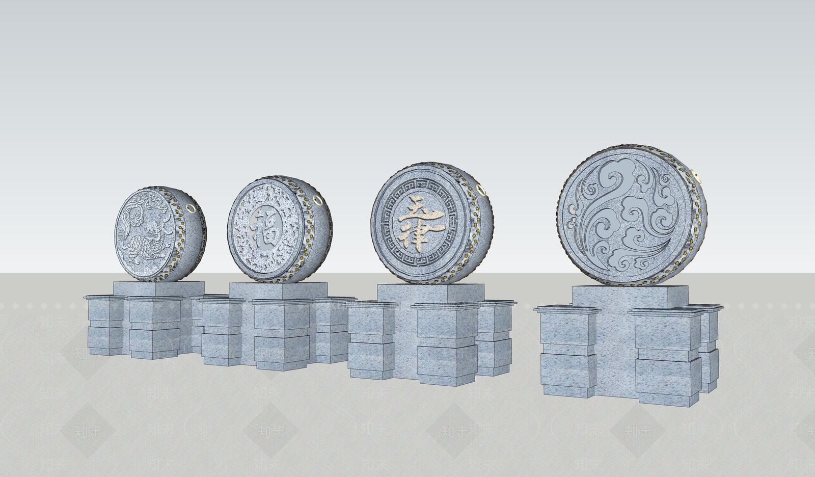 中式石鼓雕塑SU模型下载【ID:634392611】