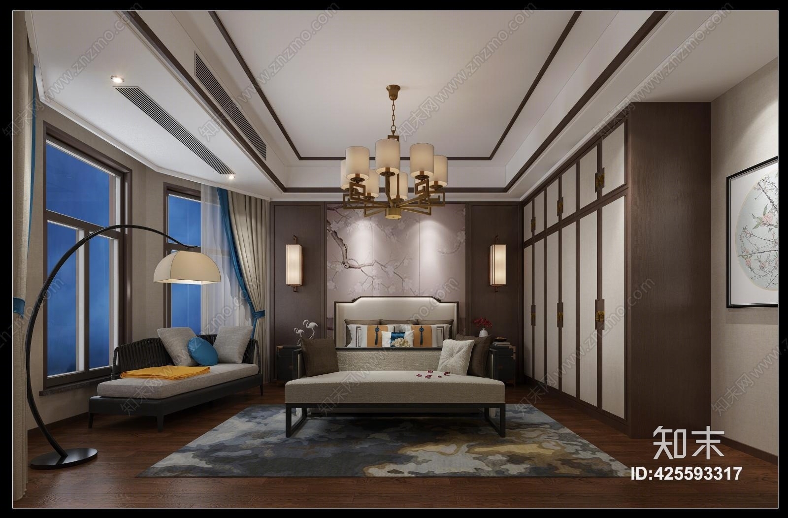 新中式主卧吊灯床壁灯窗帘家具3D模型下载【ID:425593317】