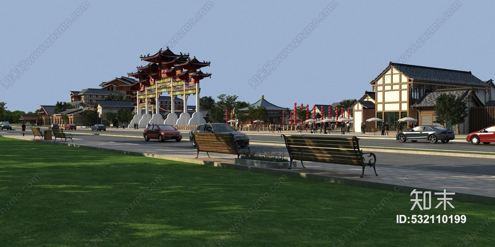 中式古建商业街牌坊大门3D模型下载【ID:532110199】