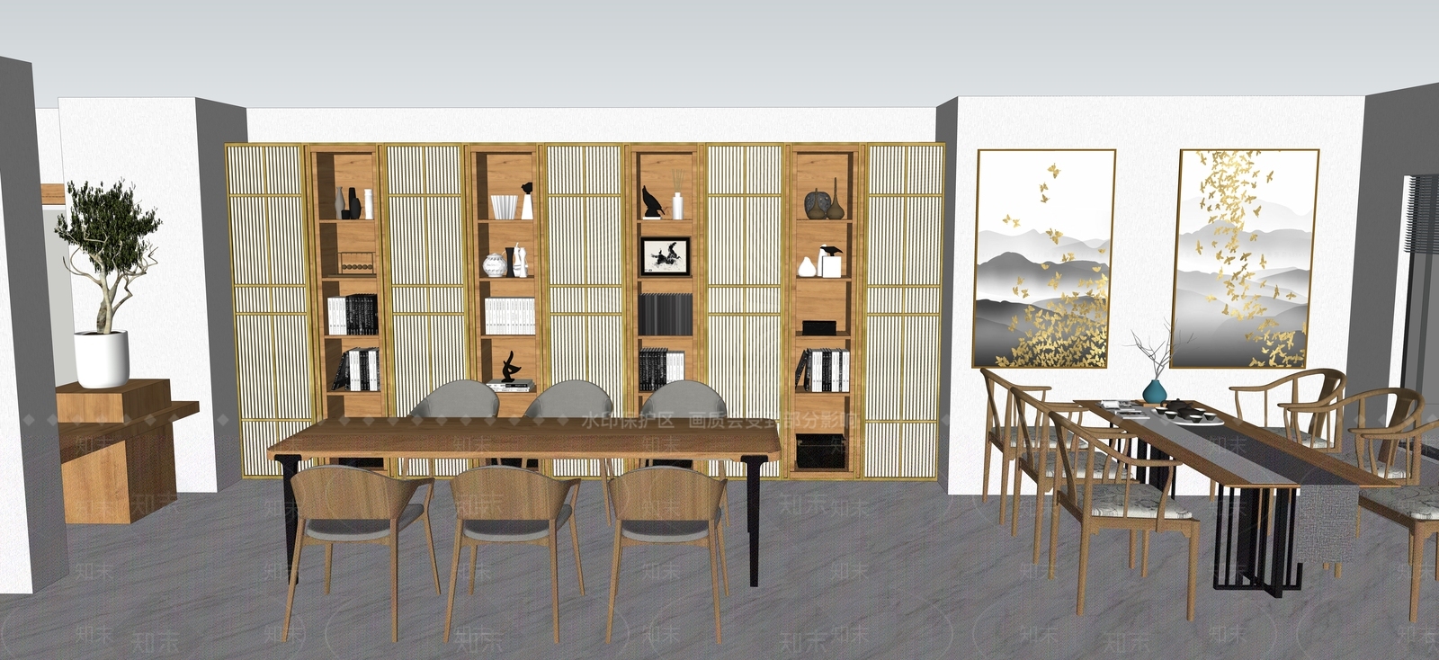 新中式原木风工作室SU模型下载【ID:332573242】