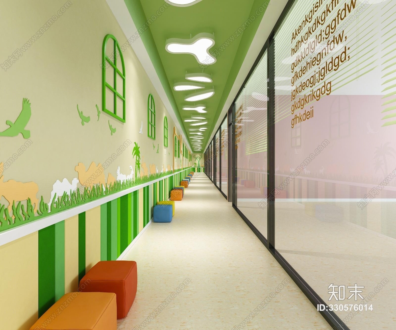 现代幼儿园大厅吧台走廊3D模型下载【ID:330576014】