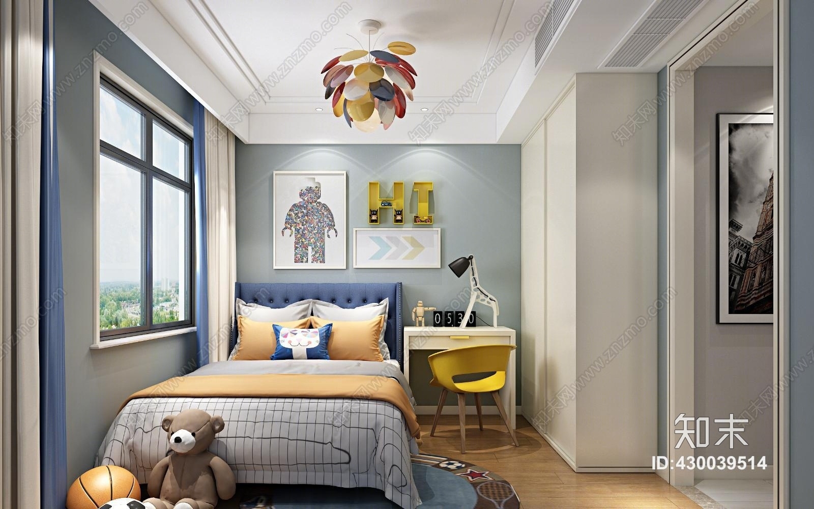 现代轻奢儿童房床吊灯装饰挂画3D模型下载【ID:430039514】