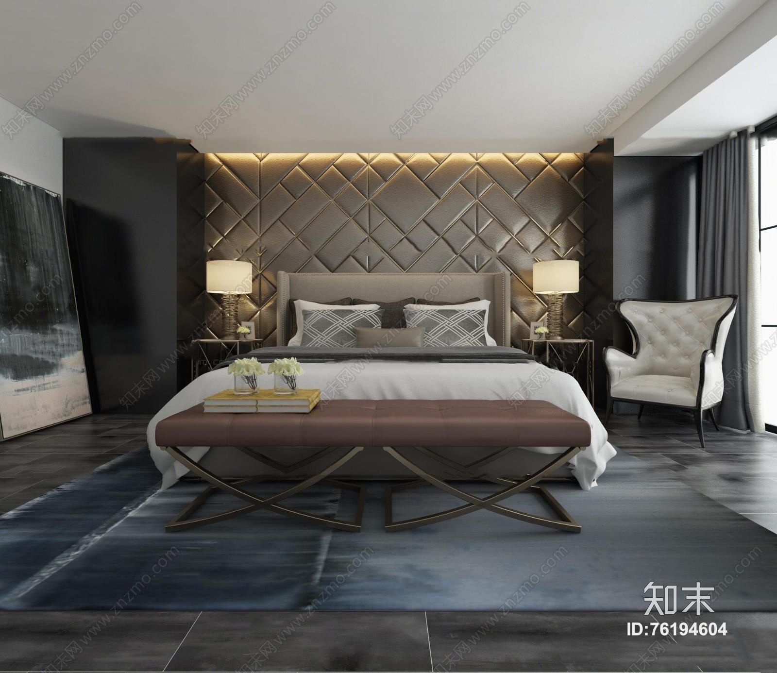 现代双人床床头柜台灯组合3D模型下载【ID:76194604】