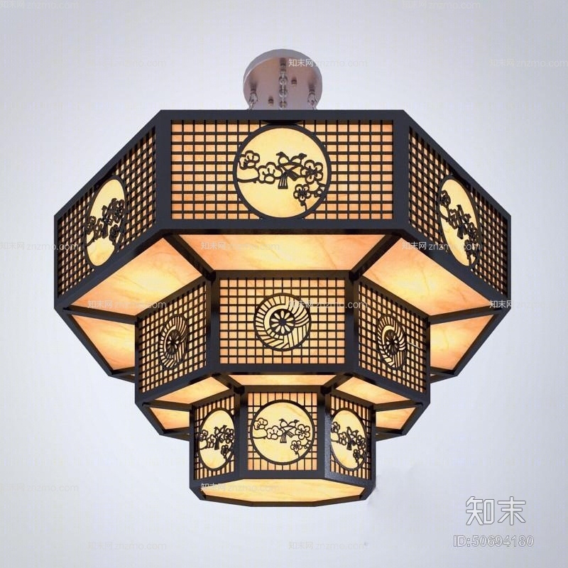 新中式木艺吊灯3D模型下载【ID:50694180】