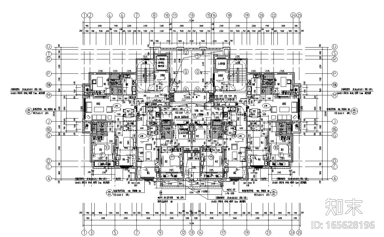 两梯四户三房两厅两卫施工图下载【ID:165628196】